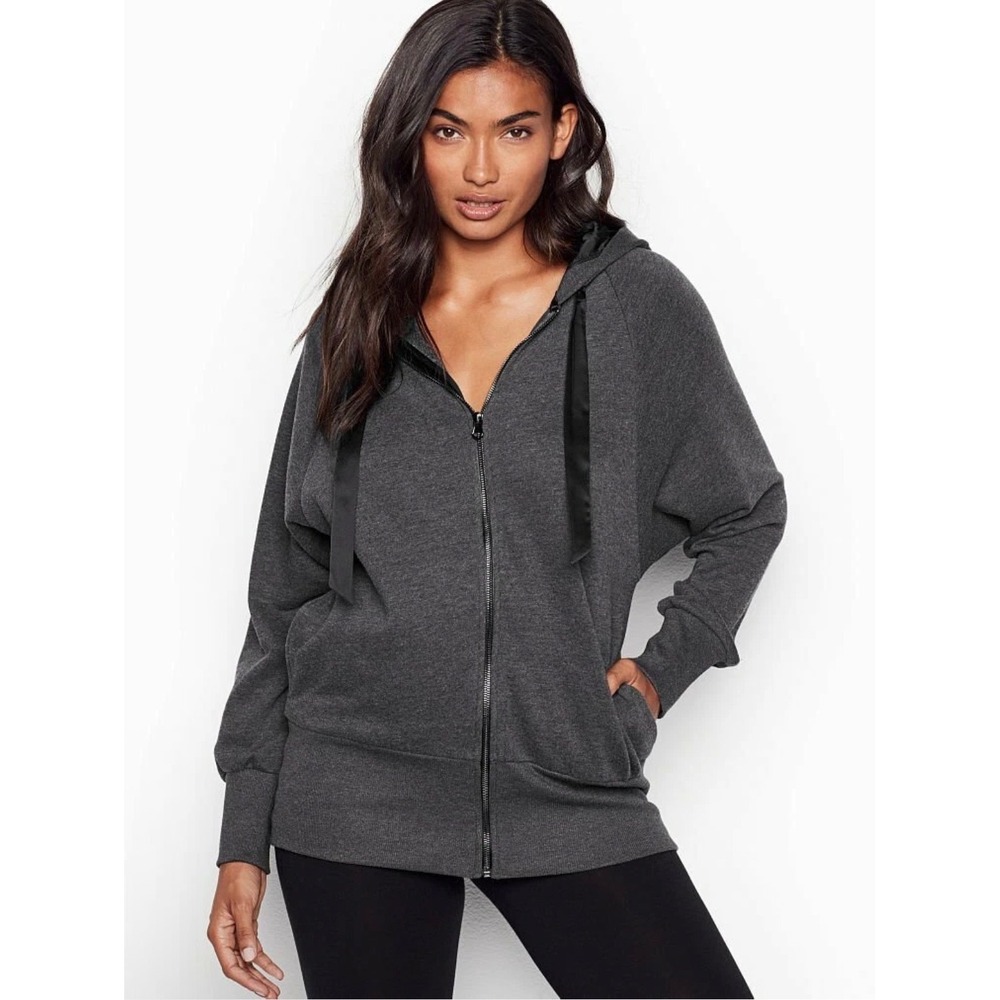 Victoria's Secret Essential Charcoal Grey Zip Up‎ Hoodie Medium Lined Hood Satin